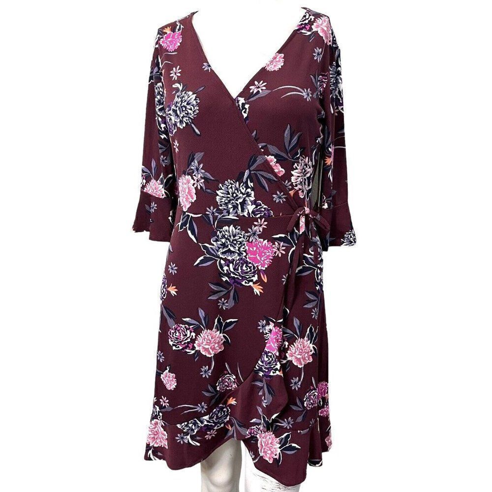 Candies Small Floral 3/4 Flutter Sleeve Faux Wrap Dress  V Neck Purple Plumb NWT